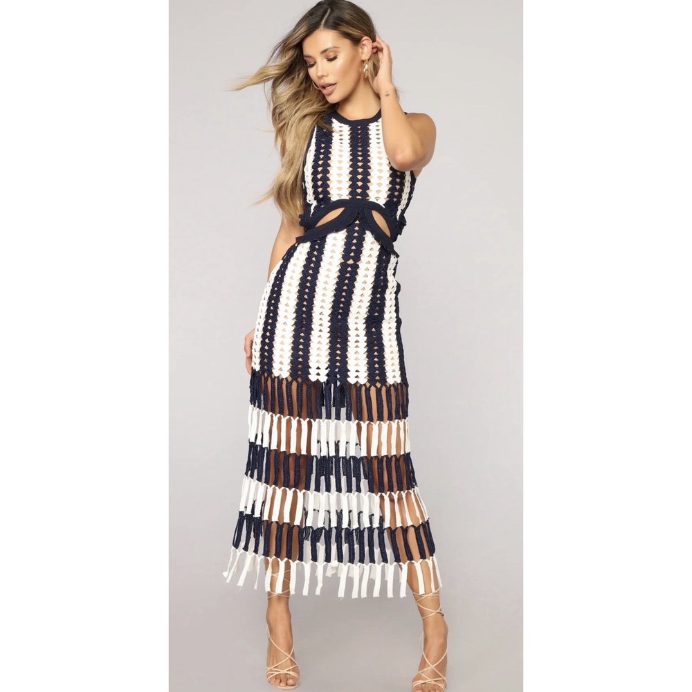 Fashion‎ Nova Medellin Sz S Navy White Crochet Party Maxi Dress Wedding Summer